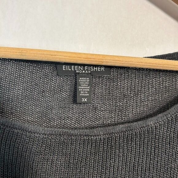 Eileen Fisher 3X Organic Linen Bateau Neck Poncho Top Gray Striped Crepe Knit - Picture 6 of 7